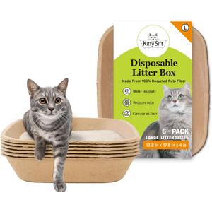 Kitty Sift Disposable Cat Litter Box Large, 6 Count, Durable Portable for Travel and Home, Eco-Friendly Disposable Litter Box Controls Odor