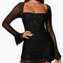 Women's Sheer Long Sleeve Sequin Bodycon Mini Dress Sexy Sparkly Ruched Mesh Party Going Out Dresses Size L