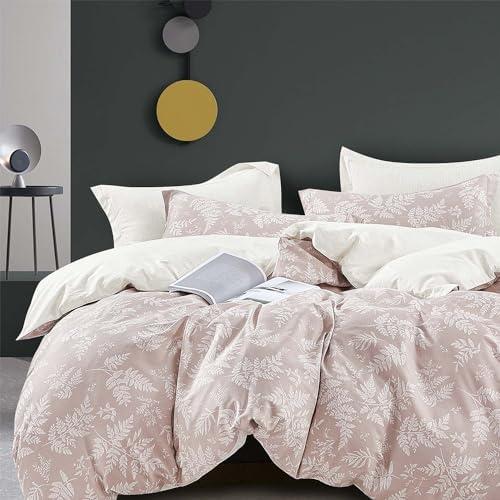 ALEISSEL Natural Cotton 3pcs Botanical Comforter Sets Queen Size-Dusty Pink Comforter with Luxurious White Leaves & Branches, Reversible Lightweight Beige Bedding Sets(Full/Queen)