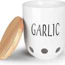 Ceramic Garlic Keeper for Counter, Garlic Saver Container with Wood Lid, Garlic Keeper for Kitchen, Garlic Holder to Keep Your Garlic Cloves Fresh Longer (White)