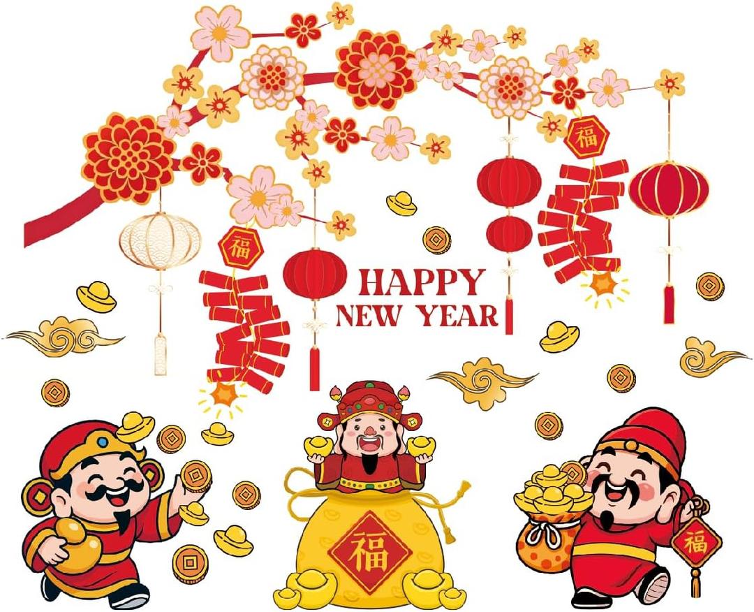 2026 Chinese New Year Window Cling,Lunar New Year Wall Sticker,Vinyl The Year of The Horse Window Cling,Spring Festival Wall Decal,God of Wealth Blossom Lantern Sticker for Glass Home