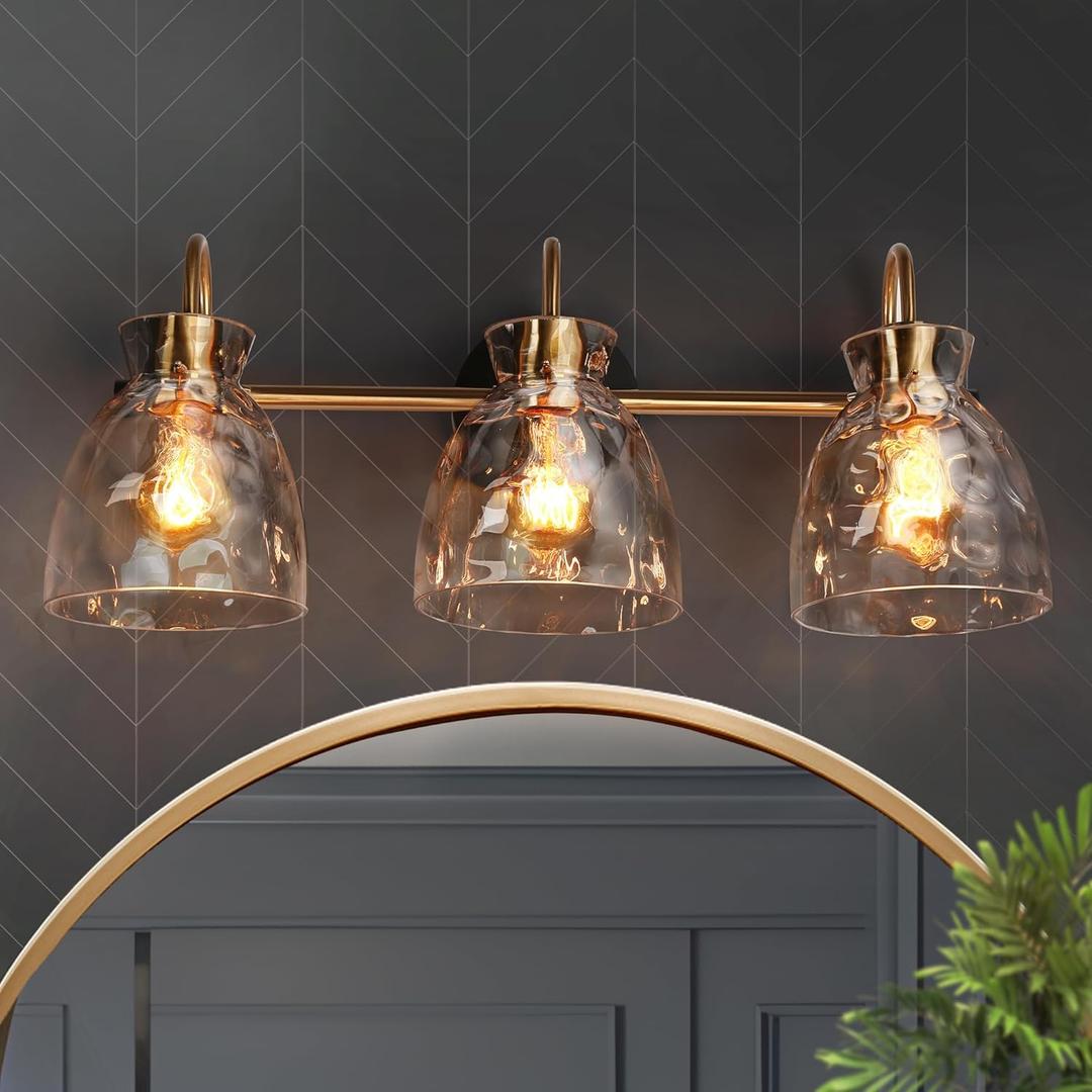 KSANA Black Gold Bathroom Light Fixtures, 3 Light Modern Vanity Lights with Textured Glass Mid-Century Bathroom Vanity Lighting for Bedroom, Kitchen, Powder Room (3-Light)