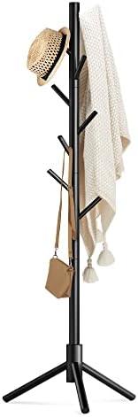 Haddockway Wooden Coat Rack Stand with 8 Hooks New Zealand Pine 3 Adjustable Coat Standing Tree Easy Assembly for Coats, Hats, Scarves and Handbags for Entryway, Hallway, Bedroom, Office, Black