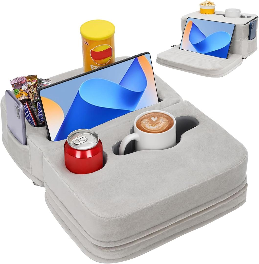 Couch Cup Holder Pillow - Sofa Cup Holder Pillow with 7 Holes and Side Pocket | Couch Caddy for Cups, Headphones, Snacks and Phones | Use it on Car, Pack, Beach, RV - Silver