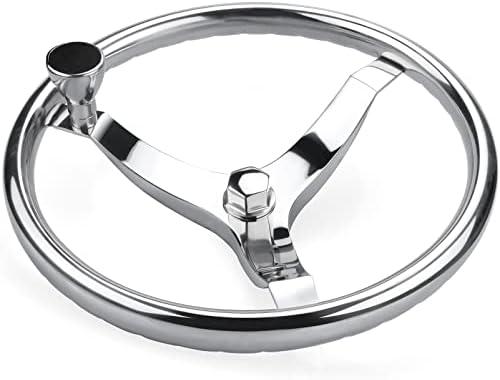 Stainless Steel Boat Steering Wheel 3 Spoke 13-1/2" Dia, with 5/8" -18 Nut and Turning Knob for Seastar and Verado