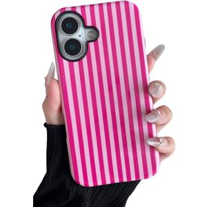 Longlayss Compatible with iPhone 16 Plus Case Cute Aesthetic Striped Phone Case for Women Girl Shockproof Slim TPU and Hard PC Protective Cover (Hot Pink)