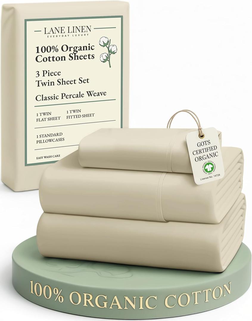 LANE LINEN 100% Organic Cotton Twin Size Bed Sheets, Fully Elasticized Mercerised Cotton Bed Sheet Set, Soft & Comfy Low Pill Face Resistant Bedding Sheets & Pillowcase Set- Linen