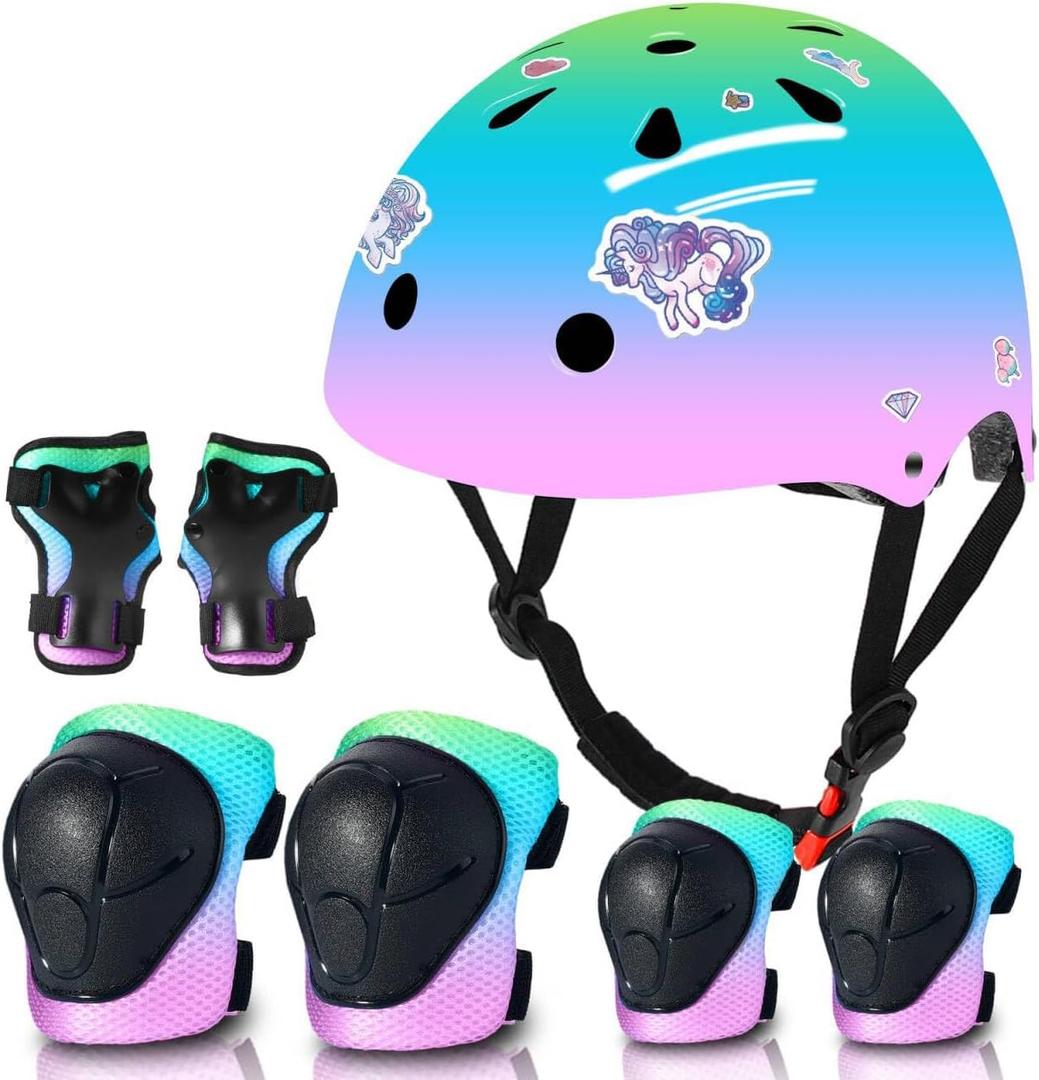 Kids Bike Helmet and Pad Set for Girls Boys Ages 2-3-5-8-14, Adjustable Toddler Youth Helmet with Knee & Elbow Pads for Bicycle, Skating, Scooter - Multiple Bright Color Options (GreenBluePink) S