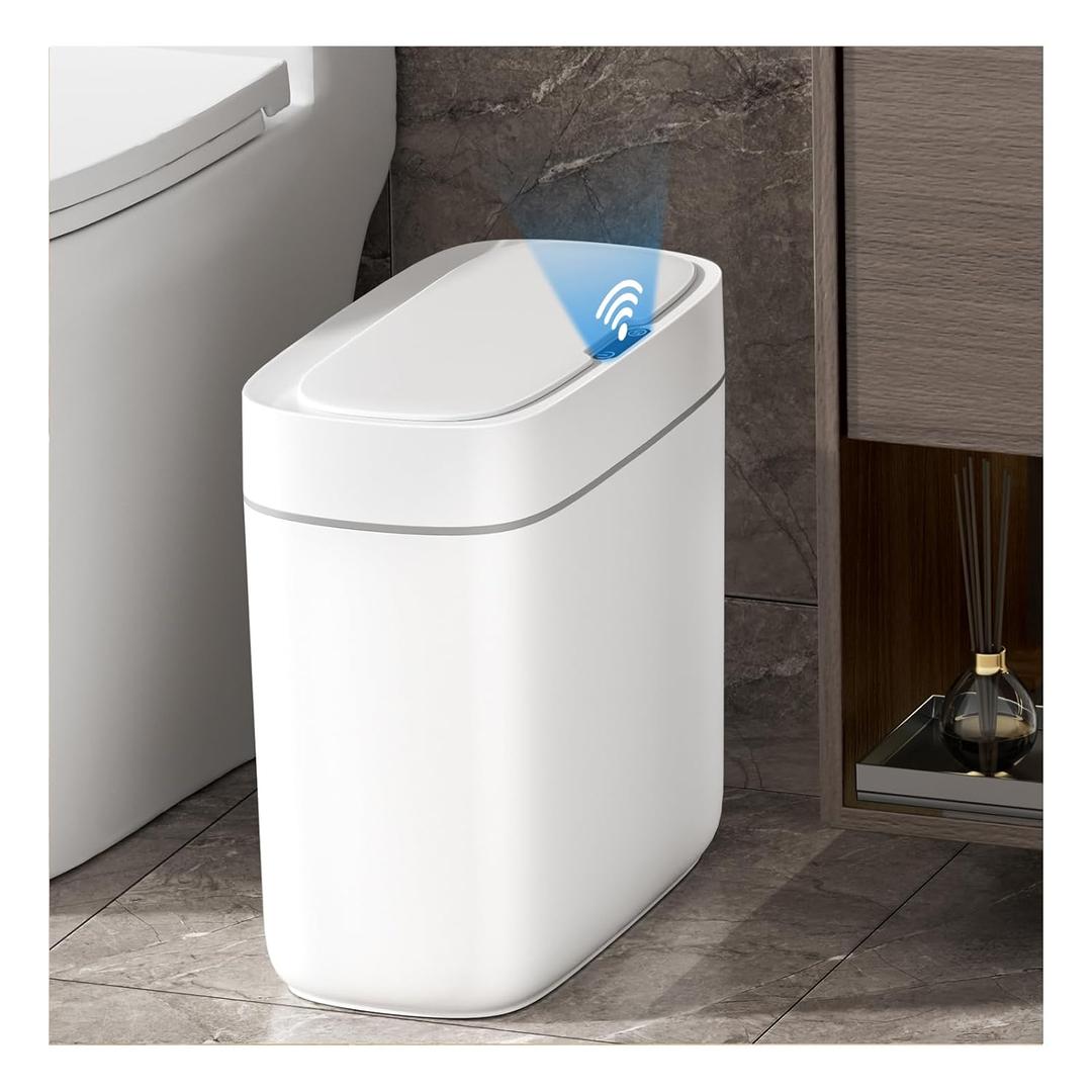 MOPALL Small Bathroom Trash Cans with Lids,Motion Sensor Bathroom Trash Can,Narrow Waterproof Plastic 3.5 Gallon Automatic Adsorption Touchless Garbage Can,White