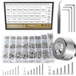 1504 Pieces Socket Head Cap Screws Nuts Washers Kit, Kindroufly M2 M3 M4 Screw Assortment Kit, Metric Screw Set, Bolts and Nuts, Machine Screws, 304 Stainless Steel, Fully Machine Thread, Silver