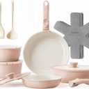 Redchef 16pcs Ceramic Pots and Pans Set Non Stick, Nonstick Kitchen Cookware Set with Detachable Handle, Non Toxic, PFAS PFOA & PTFE Free, RV Cookware Set for Camping, Dishwasher/Oven Safe (Pink)