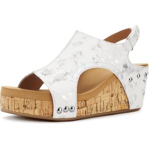 PARTY Women's Wedge Sandals With Buckle Ankle Strap for Dressy Summer (9, White Metallic)