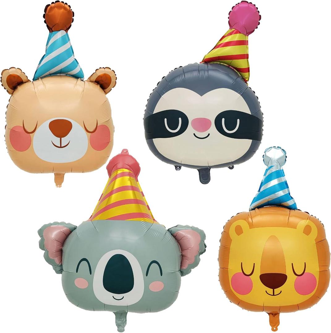 Lion Bear Koala Sloth Foil Animal Balloons Kids Baby Shower Birthday Party Supplies Children Jungle Themed Decorations Woodland Safari Animal Balloons 4Pcs (Multicolour)
