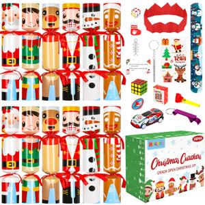 12 Pack Christmas Crackers, No Snap Christmas Party Favors with Six Different Pattern Design, Christmas Poppers with Crown and Joke for Xmas Gifts Holiday Party Favors Supplies Table Decorations