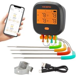 INKBIRD WiFi Meat Thermometer for Grilling, Unlimited Rang Rechargeable BBQ Thermometer APP Calibration, Temp Graph Mobile Notification, 4 Colorful Probes Food Thermometer for Pellet Smoker Oven