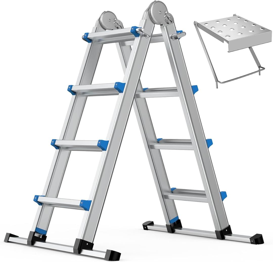 13.5FT Aluminum Foldable Extension Ladder - Heavy-Duty A-Frame Adjustable Design for Home & Work, 330lbs Capacity, Retractable System with Safety Lock