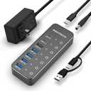 RSHTECH 7-Port Powered USB 3.2/USB C Hub with 10Gbps USB-A 3.2, 2 USB-C 3.2, 4 USB 3.0 Ports, Individual Touch Switches, 3.3ft Cable and 5V Power Adapter, USB Hub Splitter for Laptop/PC, RSH-ST07C