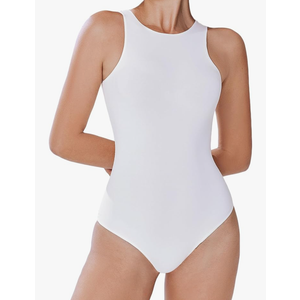 REORIA Womens Sexy Sleeveless High Neck Racer Back Halter Thong Bodysuits Leotard Tank Tops White Medium