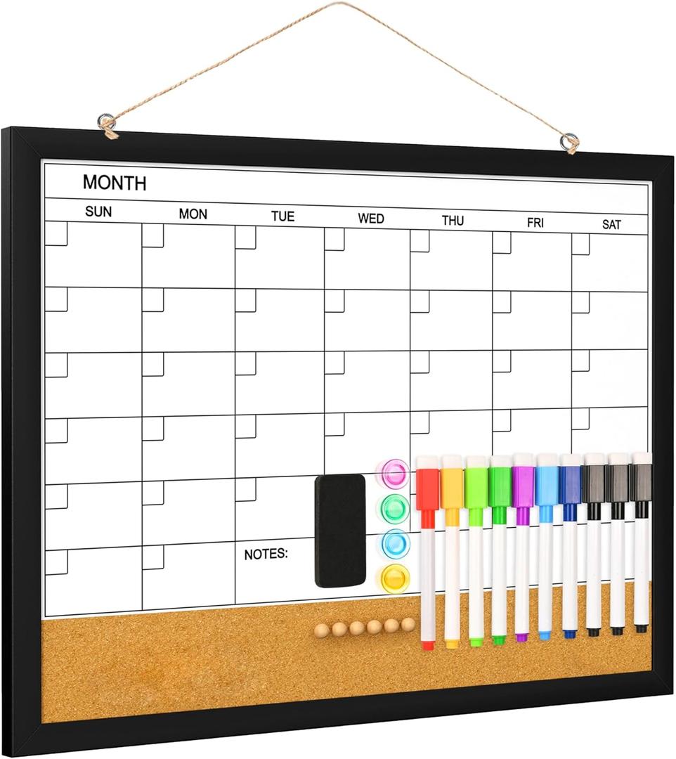 Monthly Whiteboard Calendar with Cork for Wall, 17" x 13" Double-Sided Dry Erase Board with Wooden Framed, Hanging Dry Erase Calendar for Home, Office, School (Black)