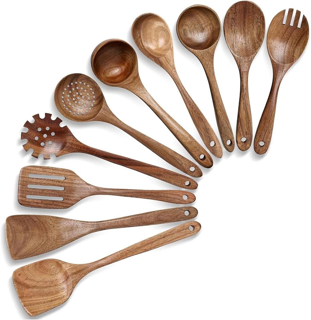 HAKSEN Wooden Spoons for Cooking, 10PCS Natural Acacia Wood Kitchen Utensils Set, Wooden Utensil Set for Nonstick Cookware, Smooth Finish, Sturdy & Durable