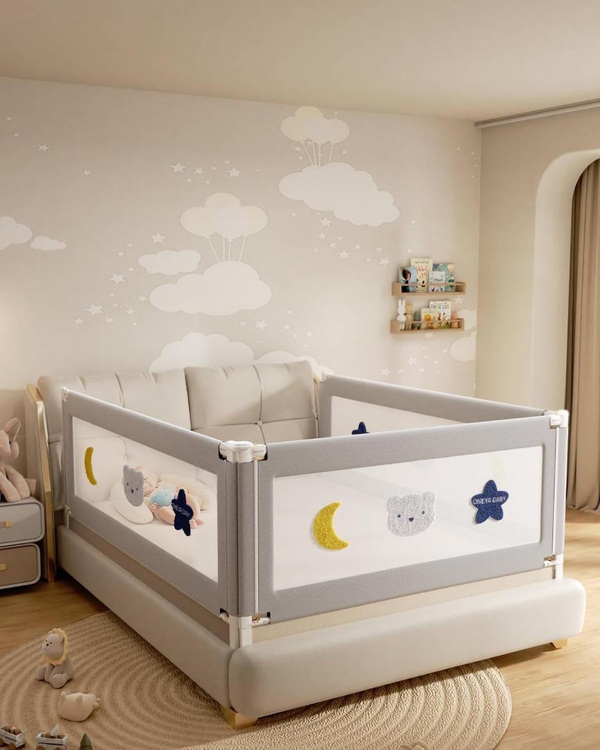 Baby Bed Rail Guard for Toddlers, Reinforced 60in Toddler Bed Rails for Queen Bed with Height Adjustable, Extral Tall Child Safety Side Railing Guards/Bedrail for Kids,Grey Star, 1 Side 54" Lx28 H