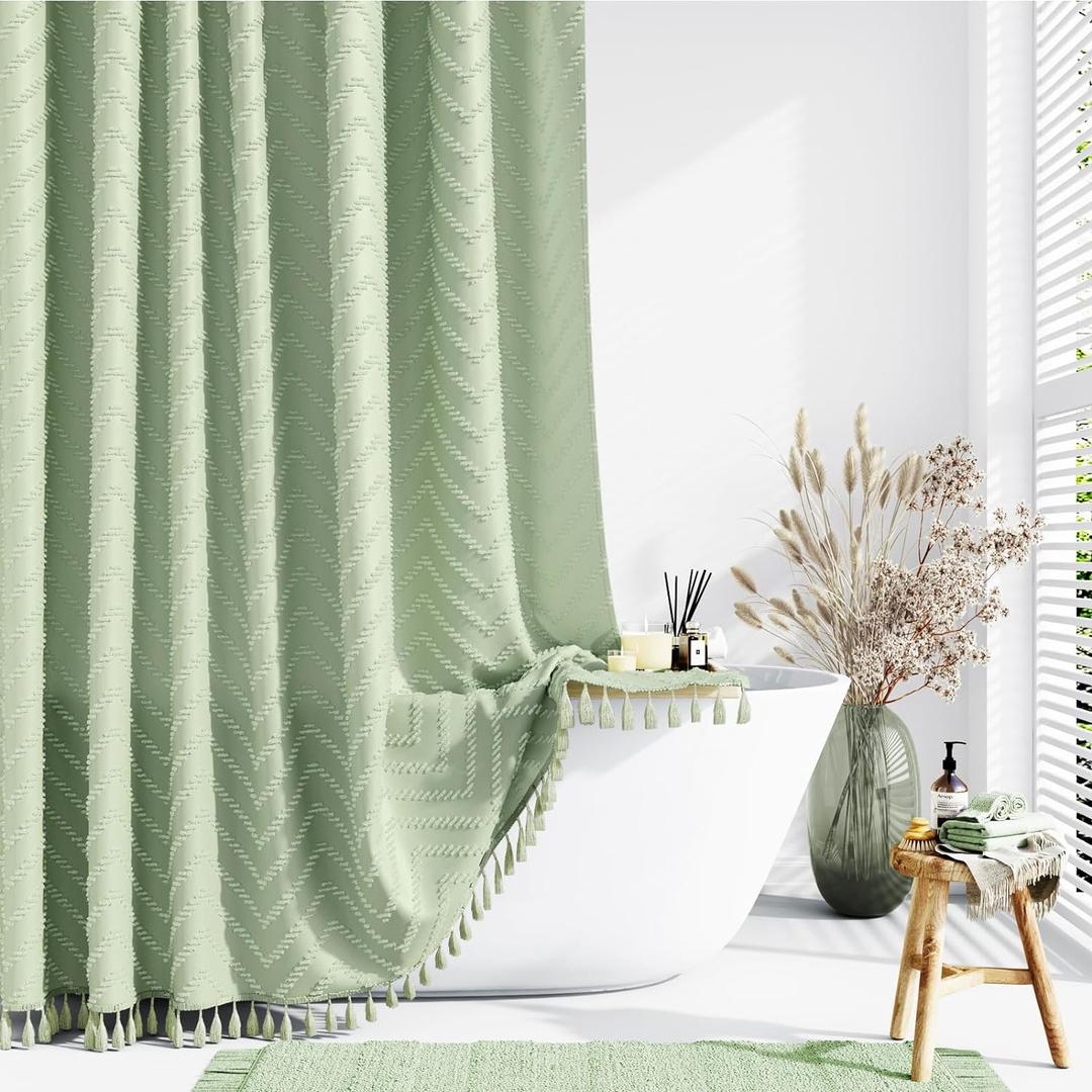 Dynamene Stall Fabric Shower Curtain, 48 Inch Wide Boho Farmhouse Tufted Chevron Striped Tassel Shower Curtain, Minimalist Ruffled Textured Cloth Shower Curtain Set, 8 Hook, 48x72, Sage Green