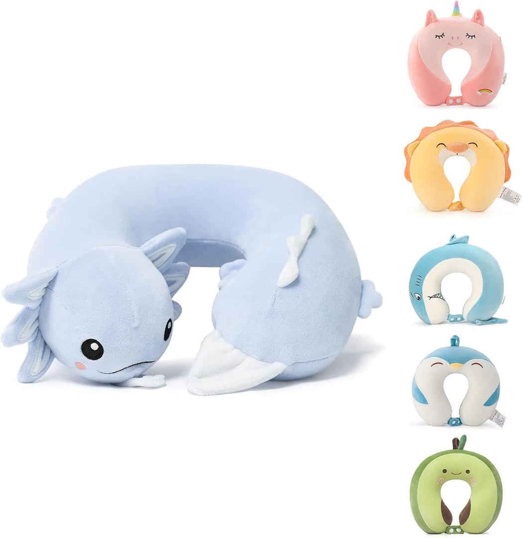 Niuniu Daddy Blue Axolotl Kids Travel Pillow Road Trip Essentials for 3-8 Y/O, Soft Memory Foam Kids Neck Pillow for Airplane Car Travel Portable Cervical Pillow with Boys Girls for Long Trip