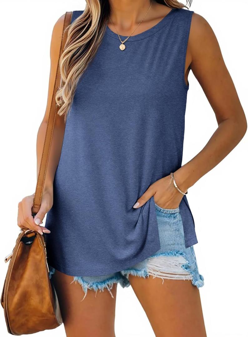 Imily Bela Womens Loose Fit Casual Flowy Tank Tops Crewneck Trendy Sleeveless Side Split Summer Tops Clothes Outfits 2025 (Medium, Navy)