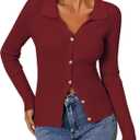 ZAFUL Women Long Sleeve Polo Sweater V Neck Button Down Ribbed Knit Cardigan Top (Red, XL)