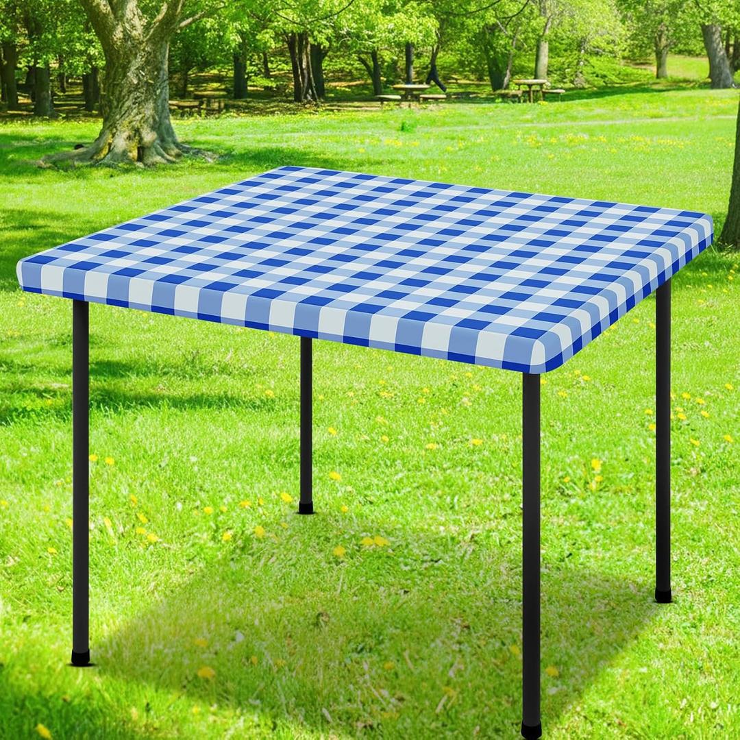 Smiry Square Picnic Table Cloth, Elastic Waterproof Fitted Vinyl Tablecloths, Flannel Backed Buffalo Plaid Table Covers for Dining, Camping, Outdoor (White and Blue, 42" x 42")