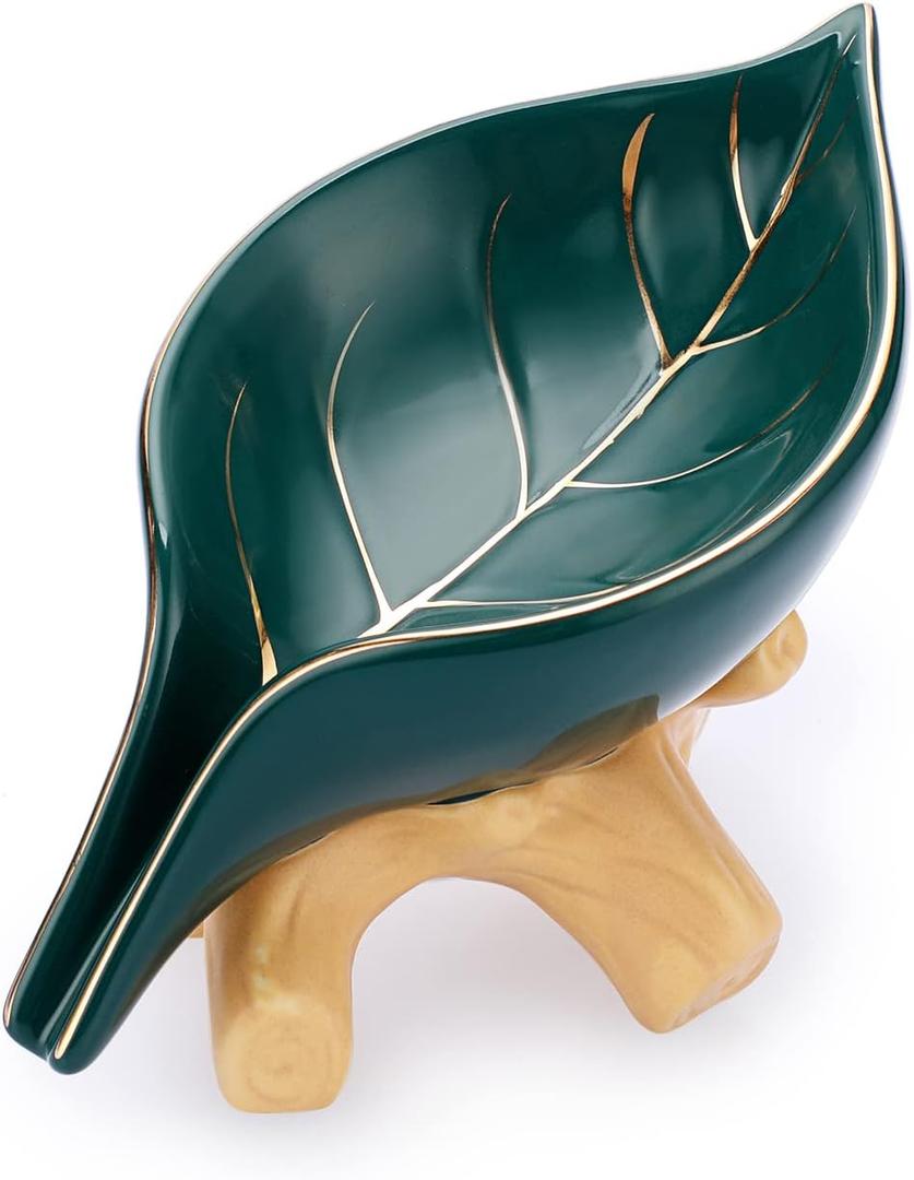 JUXYES Ceramic Soap Dish Holder Self Draining, Unique Waterfall Soap Dish Leaf Shape Decorative Soap Dish Tray Tabletop Drainable Soap Saver Bathtub Waterfall Soap Dish Holder for Bathroom Shower (Green)