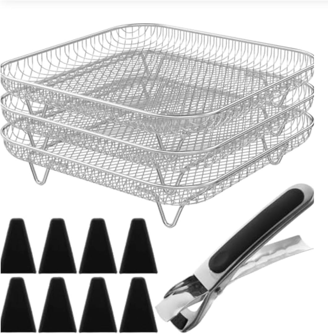 7.64 Square Air Fryer Rack & Basket Set - 3-Tier Stackable Dehydrator Rack, Universal Air Fryer Accessories for Square Air Fryers (Inner Size >7.64inch), Non-Slip & Easy to Clean