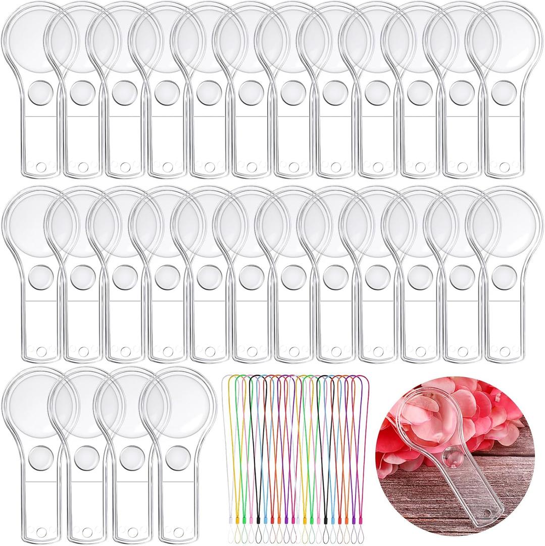 Kanayu 100 Pcs Mini Handheld Magnifying Glass for Kids 5X 15X Hand Lens Small Magnify Glasses Lens Plastic Magnifier with 100 Lanyard for Reading Home School Classroom Outdoor Science Observation