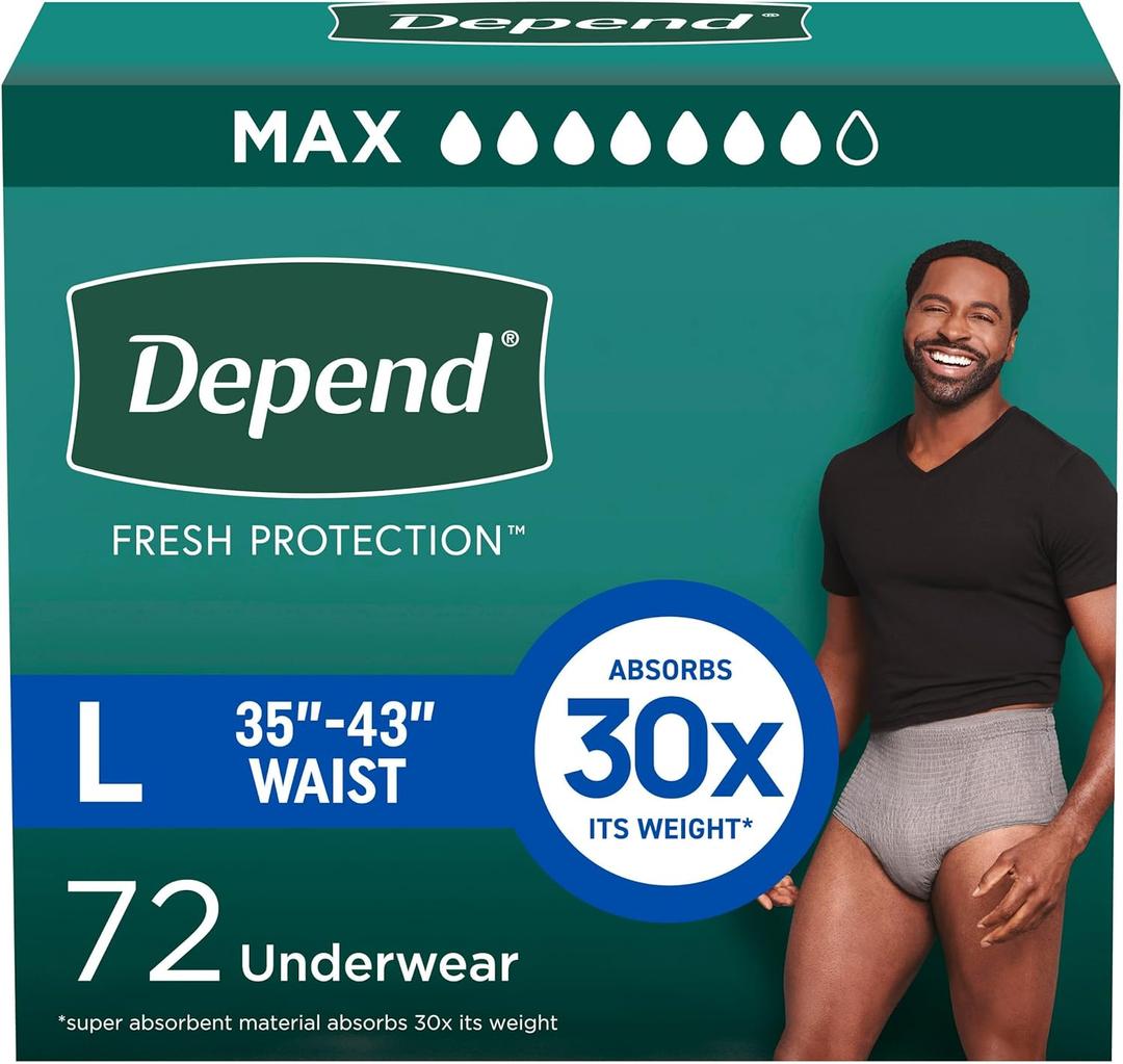 Depend Fresh Protection Adult Incontinence Underwear for Men, Disposable, Maximum, Large, Grey, 72 Count (2 Packs of 36), Packaging May Vary