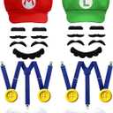 Red and Green Hat Costume Accessories Halloween Women Mens Kit with Hat, Mustaches, Suspenders, Gloves Buttons Adult