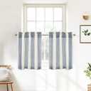 DriftAway Kitchen Tier Curtains - Striped Linen Short Pinstripe Cafe Curtains 24 Inch Length for Living Room Bathroom Chris Farmhouse Rustic Rod Pocket 2 Panels Ivory Dark Blue