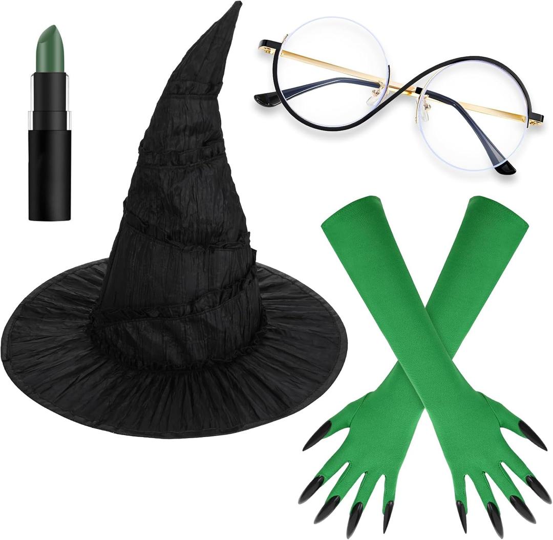 4 Pcs Halloween Green Witch Costume Include Black Witch Hat,Glasses,Gloves for Women Movie Character Dress Up