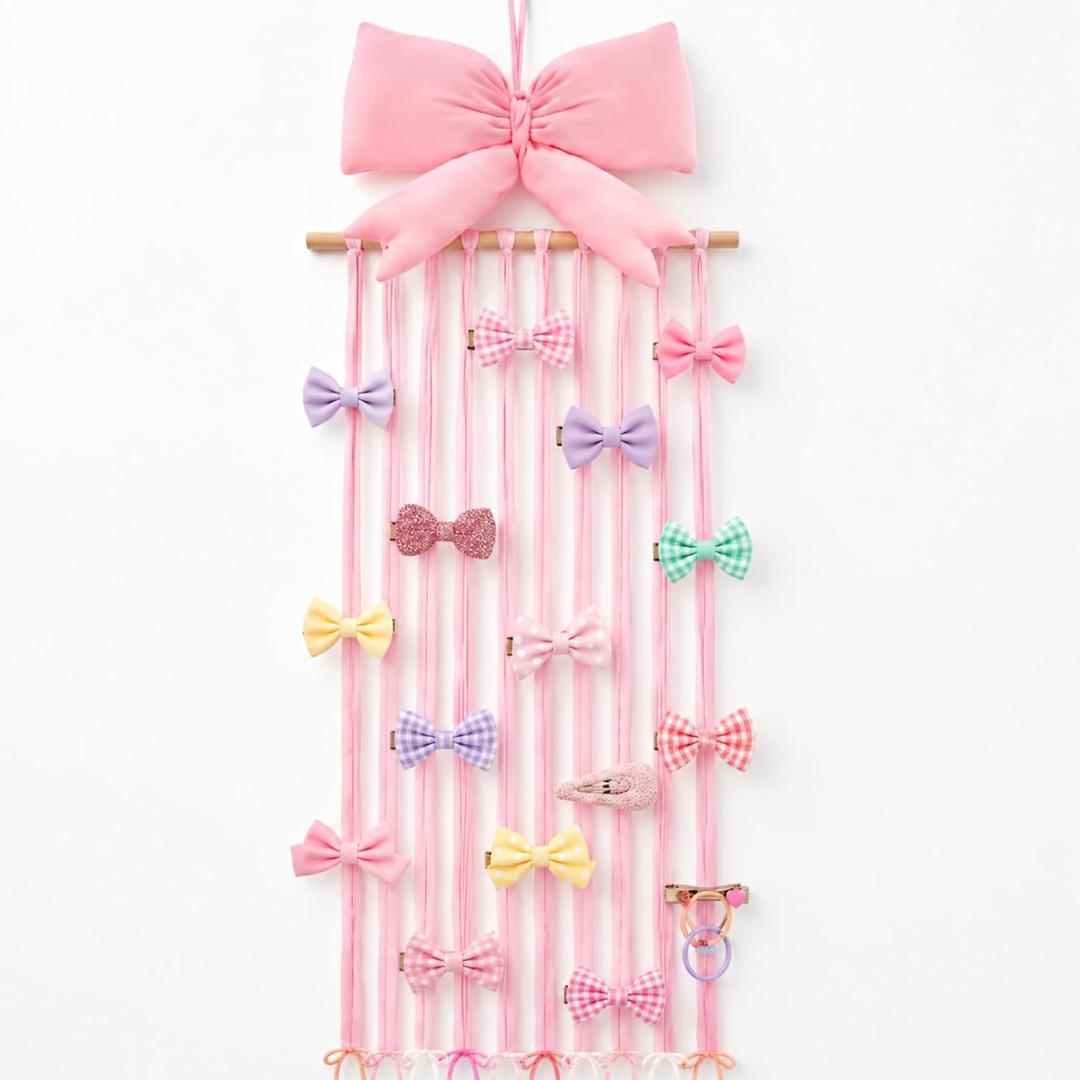 Suncalla Long Bow Holder for Girls Baby Pink Bow Hair Bows Clip Organizer 31.5 Inch Baby Hair Accessories Storage Display Hanging Decor for Girls Nursery Room Bedroom Living Room