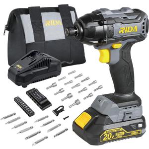 RIDA Cordless Brushless Impact Driver 180N.m, 20V Electric Impact Drill/Driver Set 1/4" All-Metal Hex Chuck,Variable Speed 2.0Ah Battery & Fast Charger, 25 Pcs S2 Bits & Tool Bag for Home DIY Use
