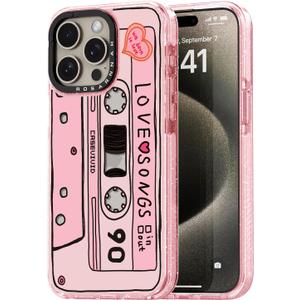for iPhone 15 Pro Case Cute - Durable Shockproof 6.6 ft Drop Impact Phone Case - Funny Cassette Tape Design (6.1") Glitter Pink