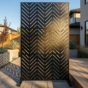 Metal Privacy Screen Outdoor 6FT Freestanding Decorative Steel Panel with Stand, Laser-Cut Chevron Pattern Modern Privacy Divider, Rustproof & Weather-Resistant Screen for Patio, Garden & Backyard