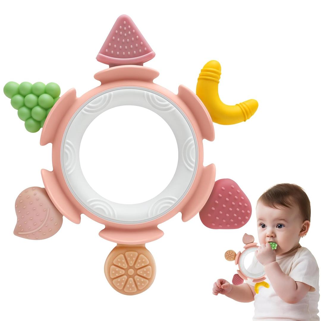 Baby Teething Ring Toy for 3-12 Months, Silicone Infant Teether for Sore Gum Relief, Soothing Sensory Chew Toy, Ideal Newborn Gift for Boys Girls Baby Shower, Birthday or Easter, Pink