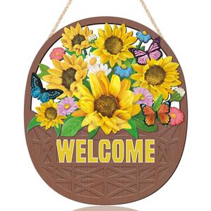IARTTOP Sunflower Welcome Wooden Sign(10x12), Rustic Farmhouse Summer Yellow Flower Wall Hanging Sign, Colorful Floral Butterfly Door Decor for Front Door Garden Porch Home