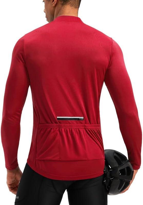 Bikewa Men's Cycling Jersey with 3+1 Rear Zipper Pockets Long Sleeve Moisture Wicking UPF 50+ Half Zip Riding Bike Shirts (Large, Dark Red)