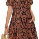 Summer Dresses for Women Casual Tshirt Short Sleeve Floral Sundress Beach Cover Ups with Pockets 2026, Black Orange Floral, 3XL