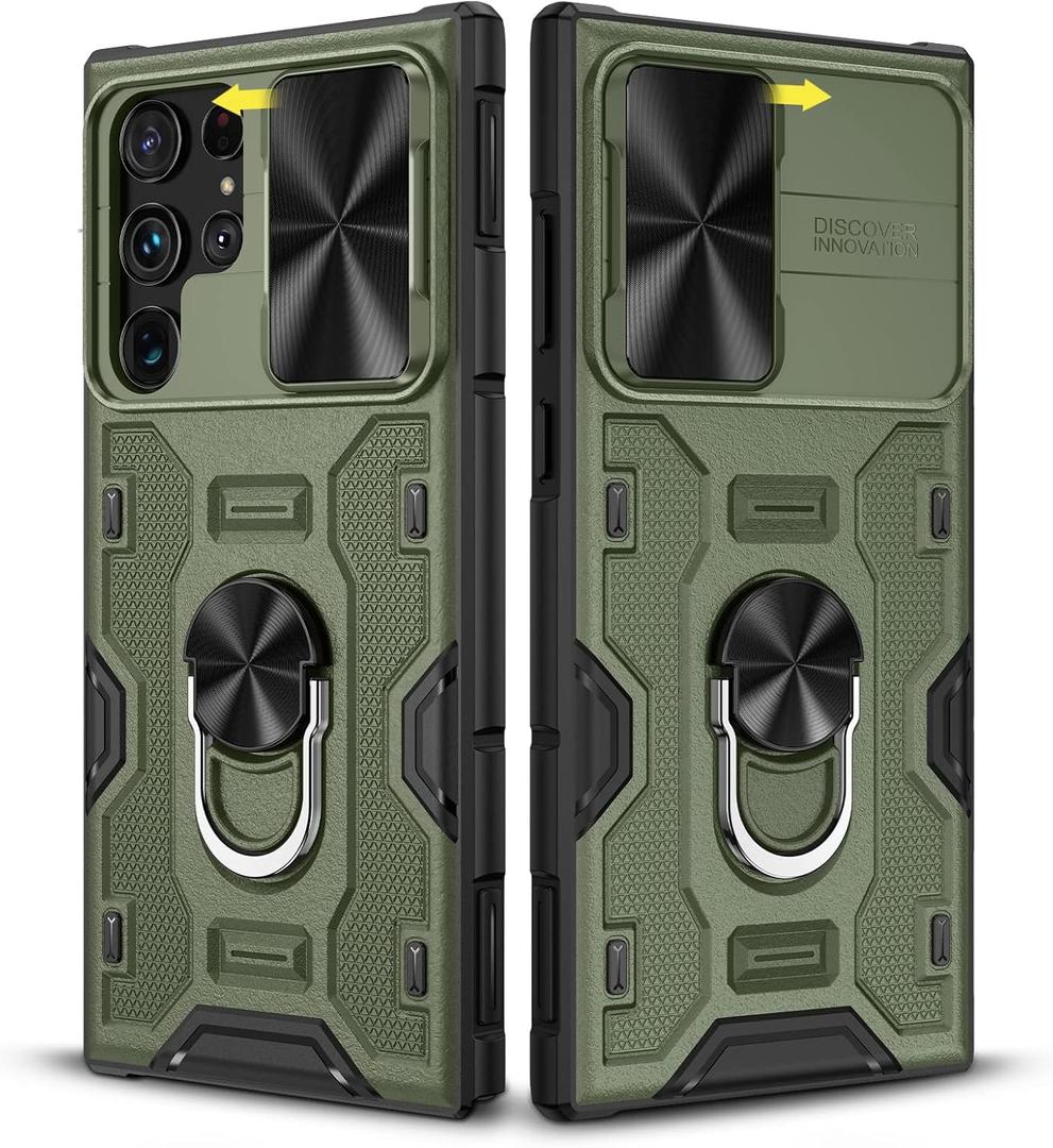 Caka Samsung Galaxy S22 Ultra Case with Slide Camera Cover & Kickstand, Built-in 360 Rotate Ring Stand, Magnetic Protective Case for Galaxy S22 Ultra 5G - Green