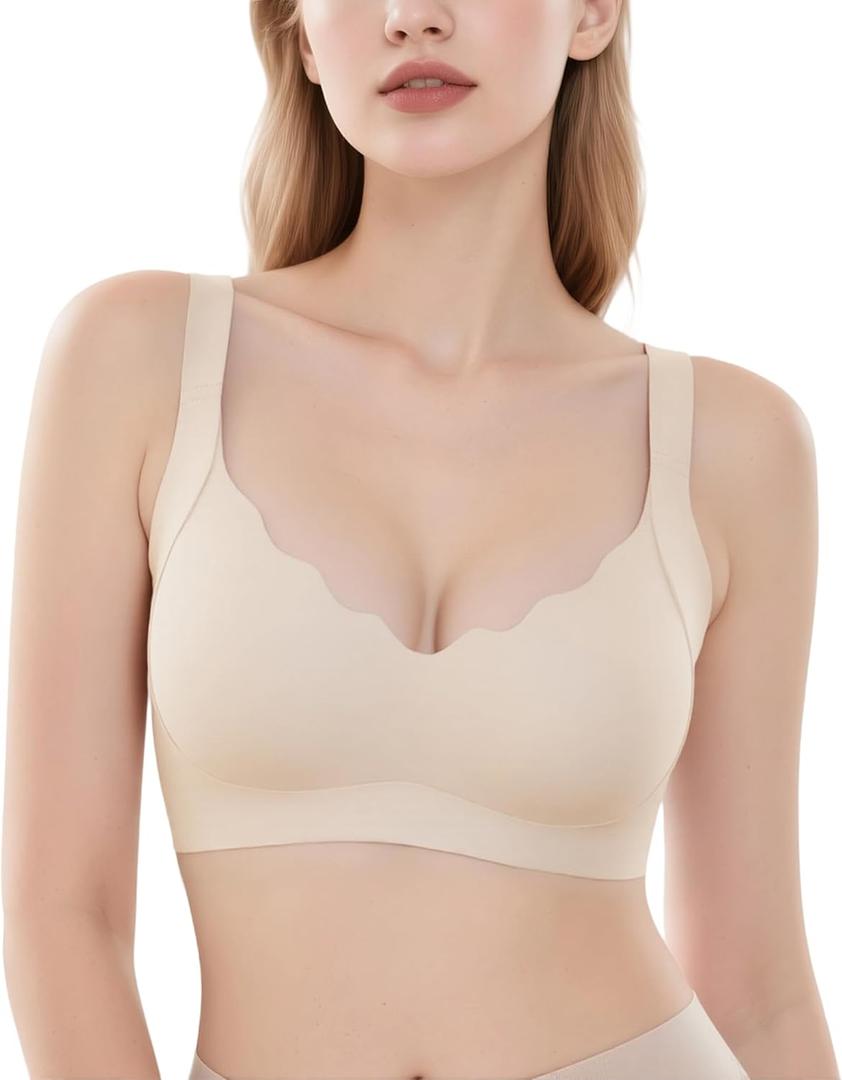 Scalloped Lift Bras for Women No Underwire Wireless Push Up Comfortable Bralette Supportive Seamless T-Shirt Bra (Medium, Nude)