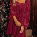 Chvity Women Velvet Backless Mini Dress Sqaure Neck Long Sleeve Casual Loose Holiday Party Winter Babydoll Velour Dressess (Large, Red)