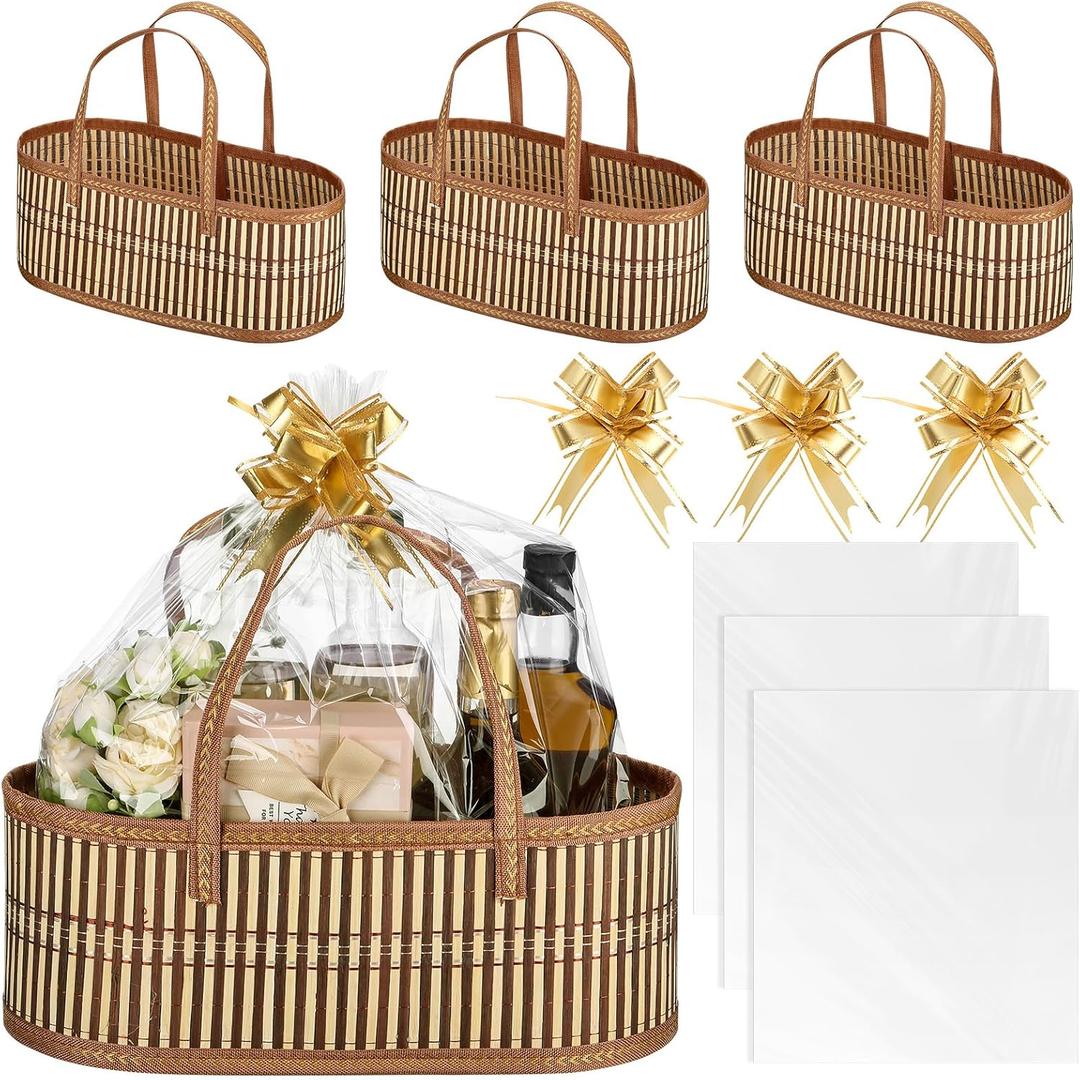 Woven Baskets for Gifts Empty Large Bamboo Gift Baskets with Handle Cellophane Wrap Bag and Pull Flower Ribbon Sturdy Foldable Gift Packages for Birthday Wedding Favor Wrapping