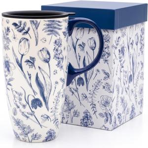 Topadorn 17oz Ceramic Travel Coffee Mug with Sealed Lid Tea Cup with Color Box, Microwave & Dishwasher Safe, Unique Coffee Mug for Latte & Hot Chocolate, Toile de Jouy
